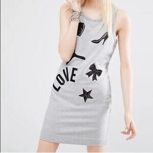 Love Moschino grey sequin appliqué tank dress love heart heel bow indie sleaze